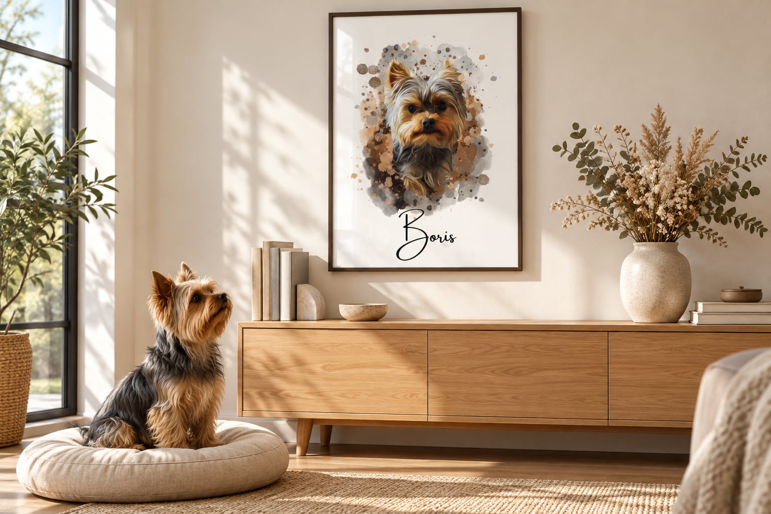 Waterverf portret van yorkshireterriër Boris aan de muur
